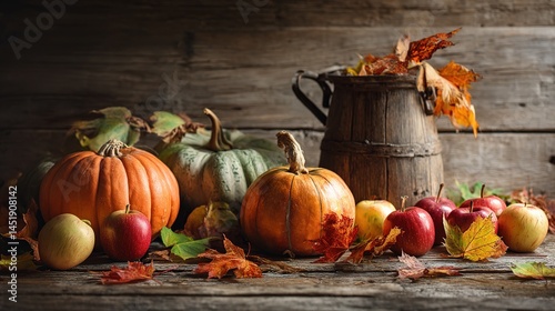 Obraz na płótnie Rustic Autumn Still Life Featuring Pumpkins and Apples With Leaves w salonie