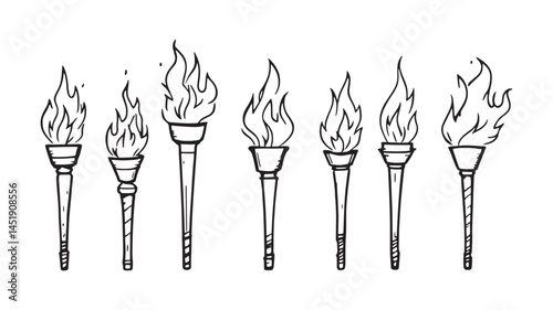 Torch with fire line art illustration of burning ancient symbol
