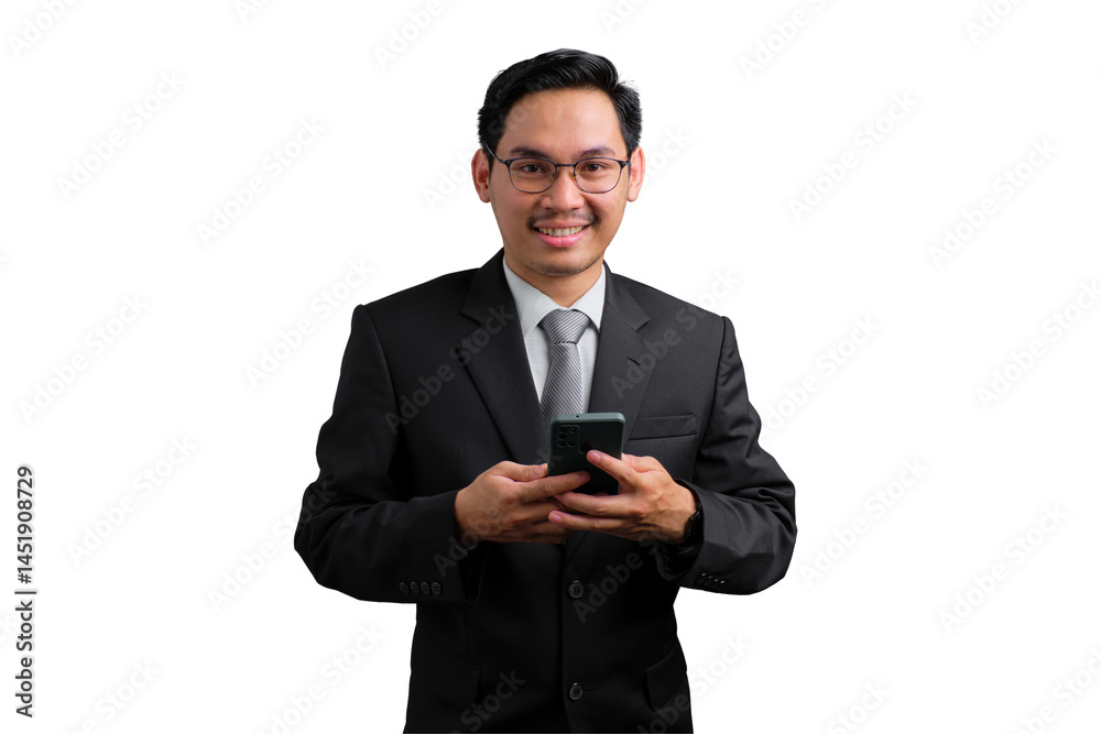 Young Asian businessman in black suit holding smartphone and smiling isolated on transparent background Young Asian businessman in black suit holding smartphone and smiling isolated on transparent background