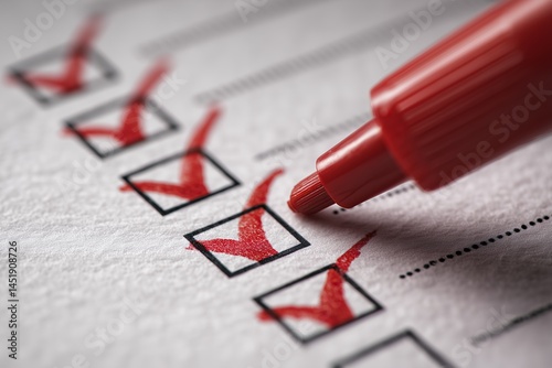 Close-up of a red marker ticking off checkboxes on a checklist, concept for project management, workflow, and business efficiency
