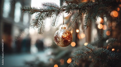 Golden Christmas Ornament Hanging on Fir Tree Branch Decor