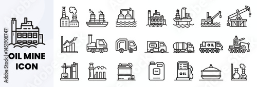 Oil Mining Icons Set - Industrial Petrochemical and Fuel Production Line Art Pack