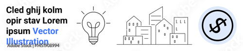 Lightbulb for ideas, modern city buildings, and dollar sign in a circle. Ideal for innovation, business, finance, sustainability, urban development, startups and simple landing page