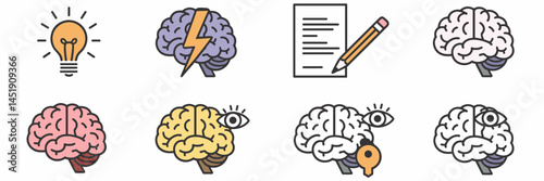 Vector icon sheet of brain images with symbolic icons – Great for creativity, problem-solving, or insight-themed content.