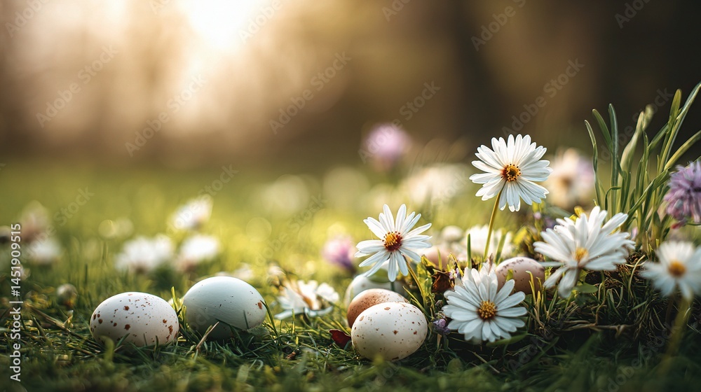 Colorful Easter Scene with Blooming Flowers and Decorative Eggs