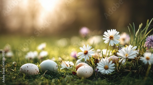 Obraz na płótnie Colorful Easter Scene with Blooming Flowers and Decorative Eggs w salonie