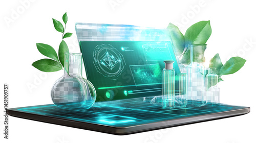 Floating eco-materials research lab dashboard tracking green innovation, isolated, PNG format, transparent background. Varient 2