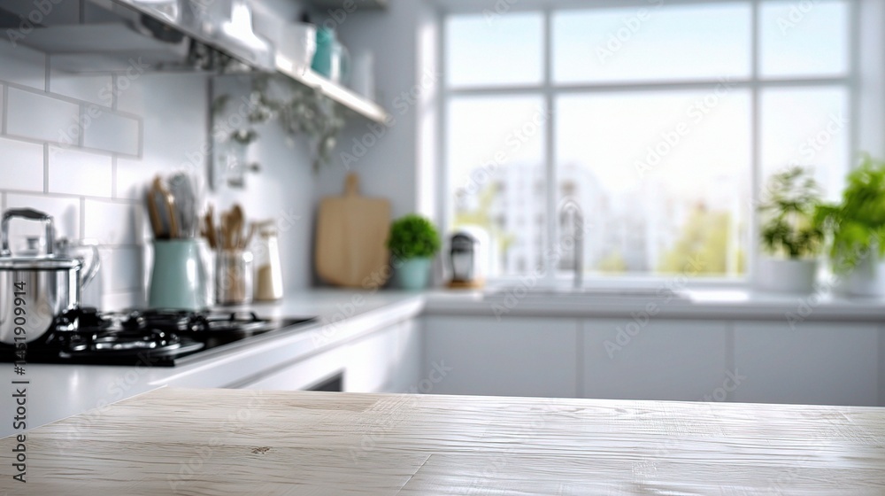 Bright and Modern Minimal Kitchen Counter with Blurred Background