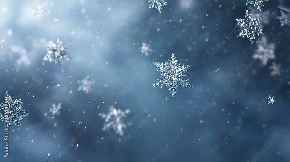 Close-Up of Falling Snowflakes on a Soft Blue Background