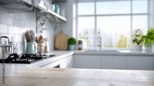 Obraz na płótnie Bright and Modern Minimal Kitchen Counter with Blurred Background w salonie