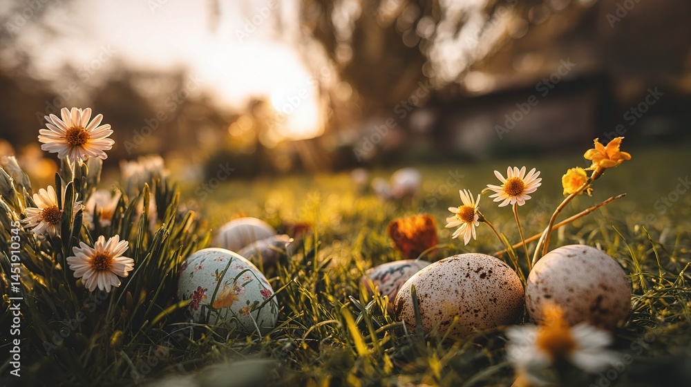 Blooming Flowers and Colorful Eggs on Green Grass for Easter Scene