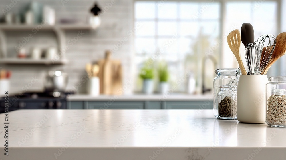 Clean White Stone Countertop in Modern Kitchen with Soft Focus