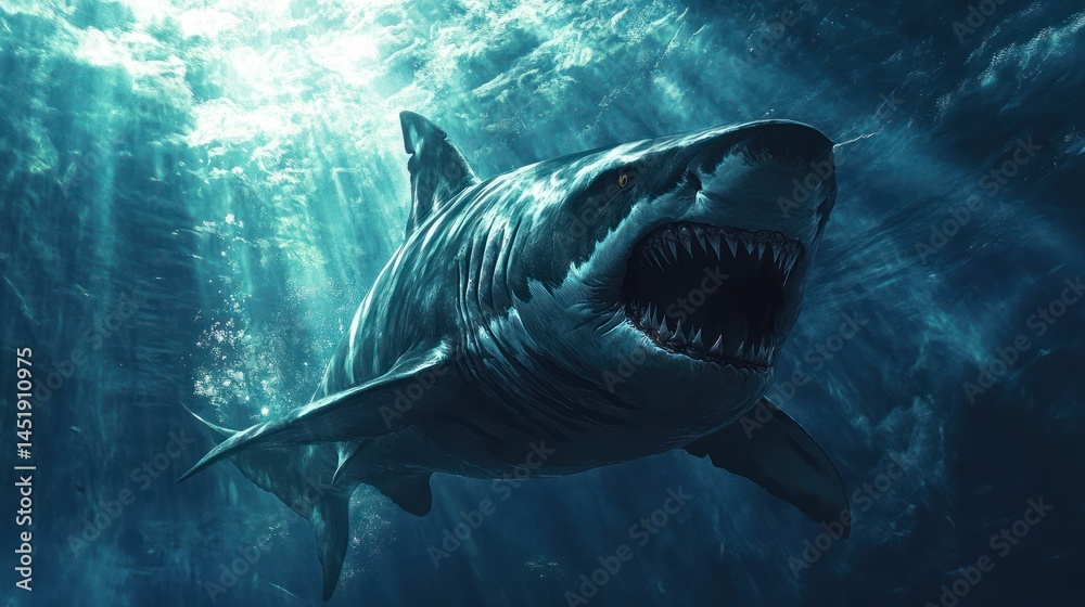 Fototapeta premium An underwater view of a great white shark with open jaws and sharp teeth, facing front