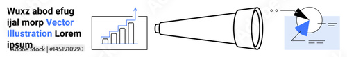 Bar chart indicating growth, telescope symbolizing foresight, and pie chart for data distribution. Ideal for analytics, business progress, strategy, planning, research, education simple landing page