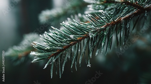 Frost Crystals Forming on Evergreen Needles in Winter Landscape
