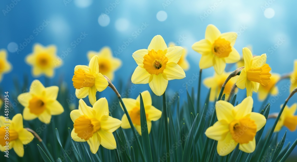 Obraz premium Yellow Daffodil Flower Blooming on Blue Background