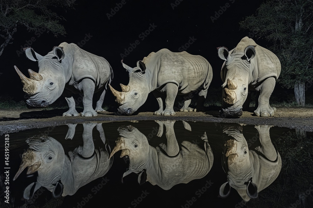 Three white rhinos at a watering hole at night, their reflections perfectly mirroring them in the still water Three white rhinos at a watering hole at night, their reflections perfectly mirroring them in the still water