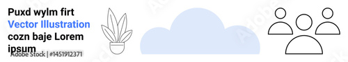 Potted plant, cloud, and three outlined people figures in a clean minimalist style. Ideal for teamwork, sustainability, collaboration, community, nature, growth and creativity flat landing page