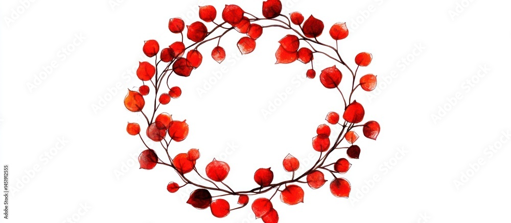Obraz premium Hand-painted watercolor wreath with vibrant red berries on delicate branches