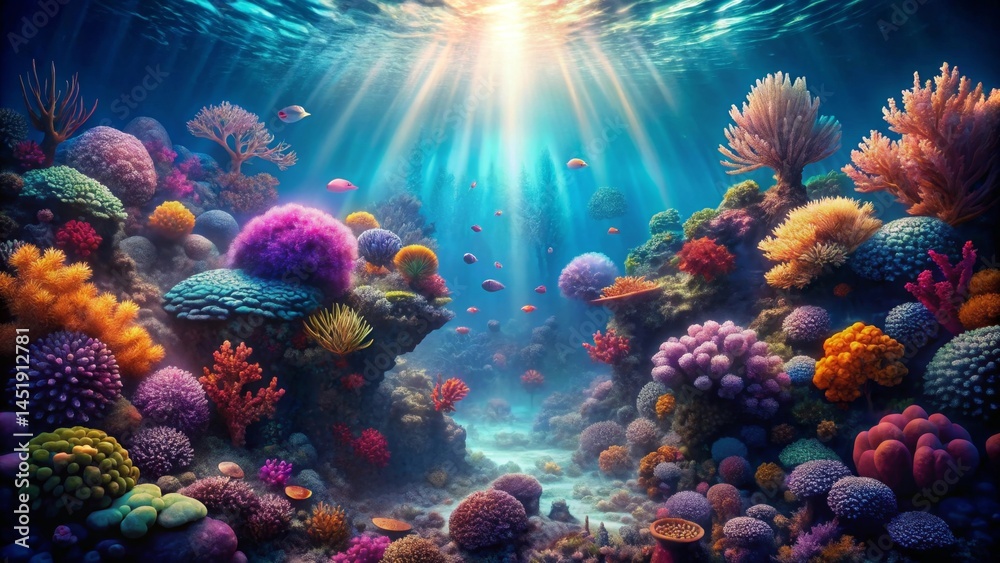 Fototapeta premium Vibrant underwater scene showcasing a thriving coral reef ecosystem with diverse colorful coral formations and various fish species swimming amidst sunlit rays penetrating the water's surface.