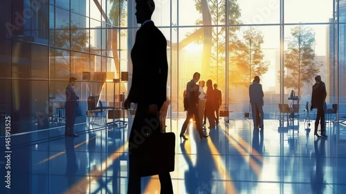 Business people in modern office lobby at sunset, meeting and walking
