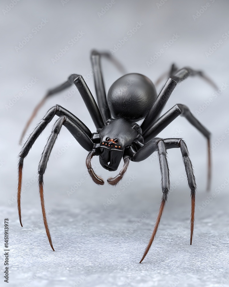 Realistic close-up of a black spider with intricate details and sharp features on a smooth surface