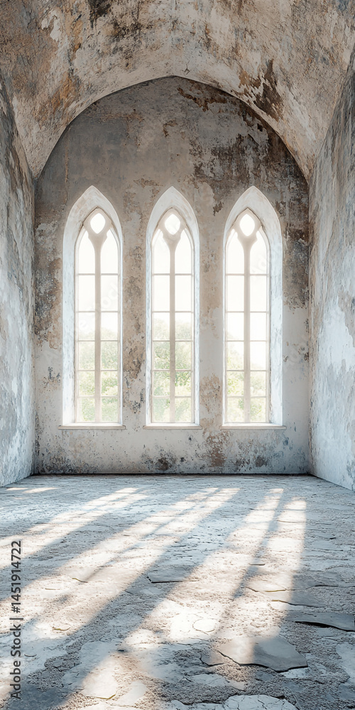 Fototapeta premium Abandoned Gothic stone room interior with three pointed arch windows