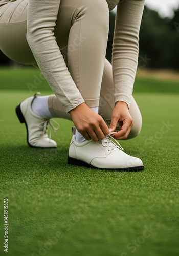 Woman tying golf shoe laces on green