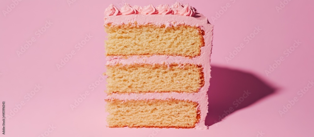 Fototapeta premium Aesthetic three-layer vanilla cake slice with dreamy pink buttercream frosting
