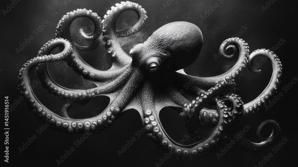 Fototapeta premium Black and white image of an octopus with long tentacles extending, floating in dark water