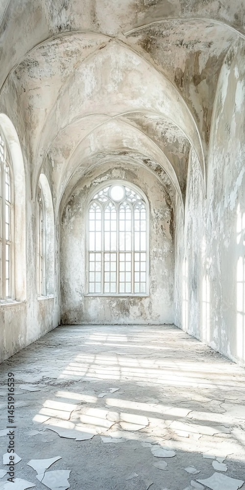 Obraz premium Abandoned Gothic stone hallway interior with arched windows and vaulted ceiling