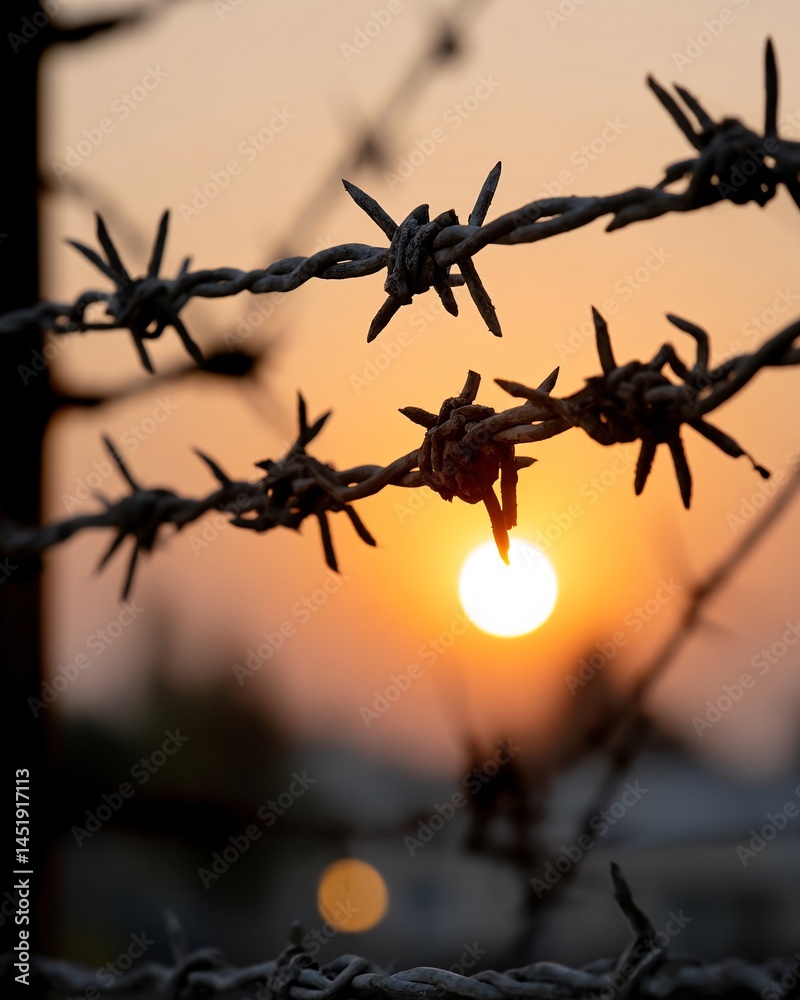 Barbed Wire Against Stunning Sunset with Glowing Sun and Soft Horizon Colors