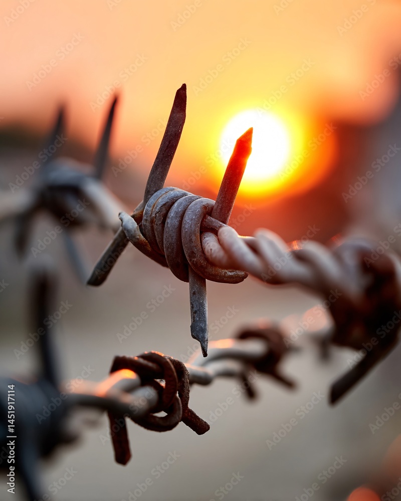 Barbed Wire Against Sunset Background with Warm Tones and Bokeh Effect