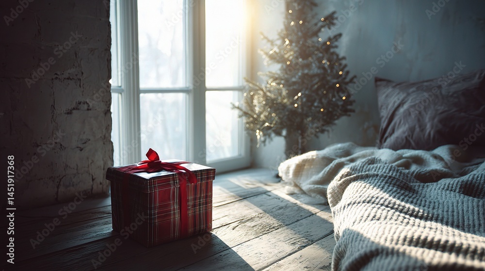 Cozy Christmas Morning Light Entering Bedroom with Wrapped Gift