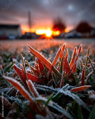 Frosty Grass Blades Shimmering in Morning Light with Warm Sunrise Background