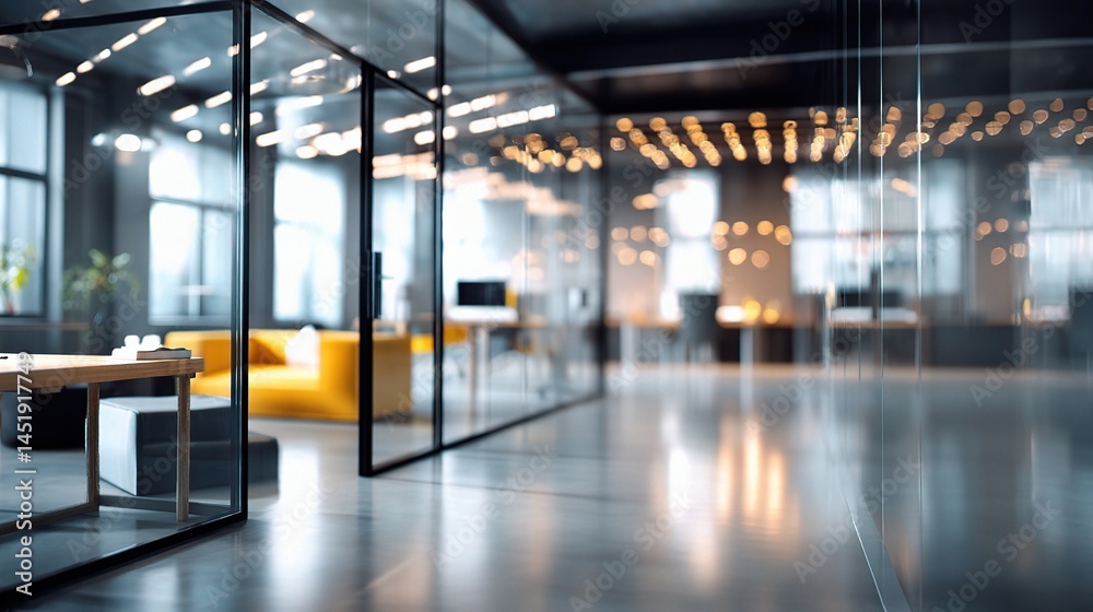 Modern Blurred Office Interior with Glass Walls and Bright Lighting