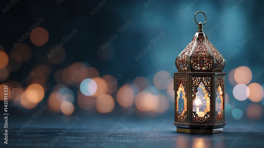 Ornate Arabic Lantern Glowing Softly Against Bokeh Background