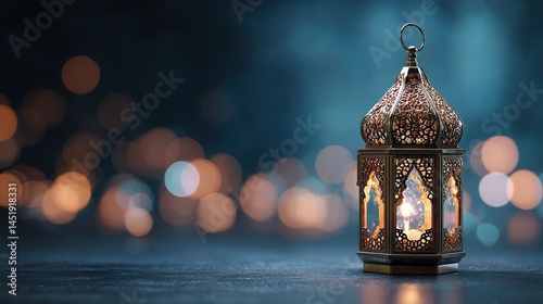 Obraz na płótnie Ornate Arabic Lantern Glowing Softly Against Bokeh Background w salonie