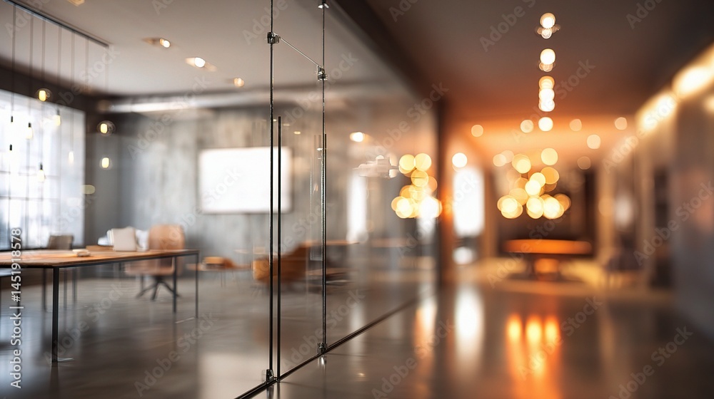 Modern Office Space with Glass Walls and Warm Lighting Effects