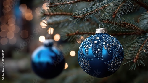 Obraz na płótnie Blue Christmas Ornaments Sparkling on Pine Tree Branches w salonie