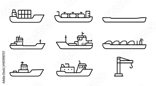 Maritime and shipping outline icons set – silhouette, line, nautical symbols