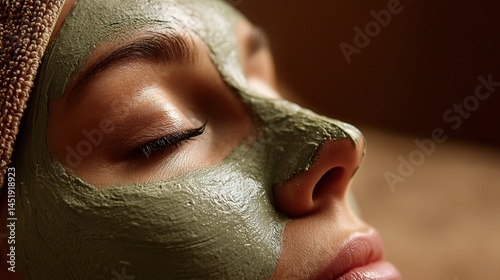 Obraz na płótnie Close-up Portrait of a Woman with Green Facial Mask Relaxing w salonie
