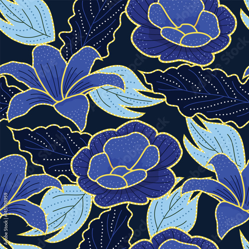 Intricate red lilies and white roses blossom seamless batik pattern on a warm terracotta background, accented with gold detailing. The design evokes a rich, rustic, and elegant mood.	
