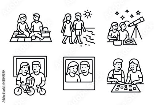 Family leisure time line icons set – activities, outline, lifestyle symbols
