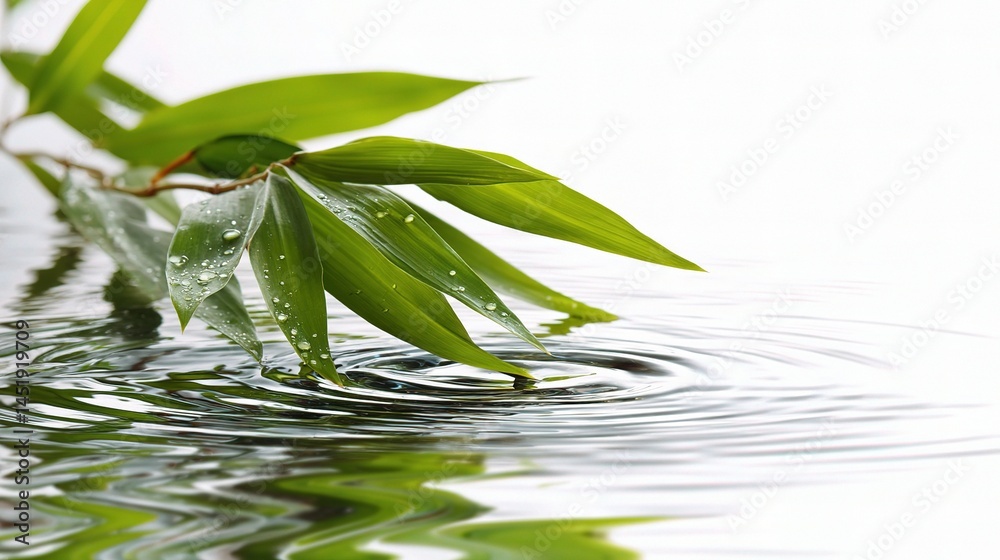 Bamboo Leaf Over White Surface with Transparent Water Reflection