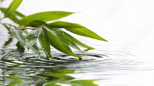 Obraz na płótnie Bamboo Leaf Over White Surface with Transparent Water Reflection w salonie