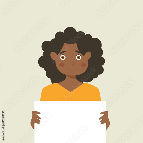 portrait of  girl child holding empty white paper sheet or showing blank sign poster over isolated background. vector and illustration.