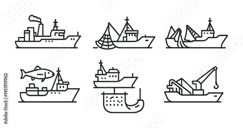 Fishing and maritime line icons set – silhouette, outline, sea and ocean symbols