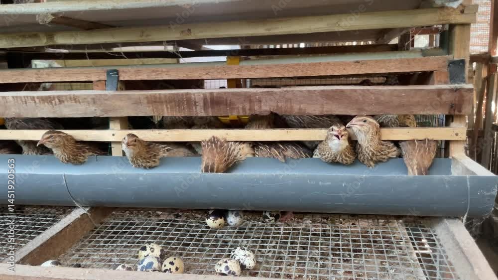 traditional quail farm with wooden cages. for quail egg production