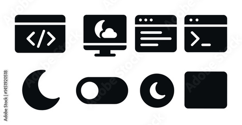 Night mode solid icons set – dark, filled, moonlight and ui symbols